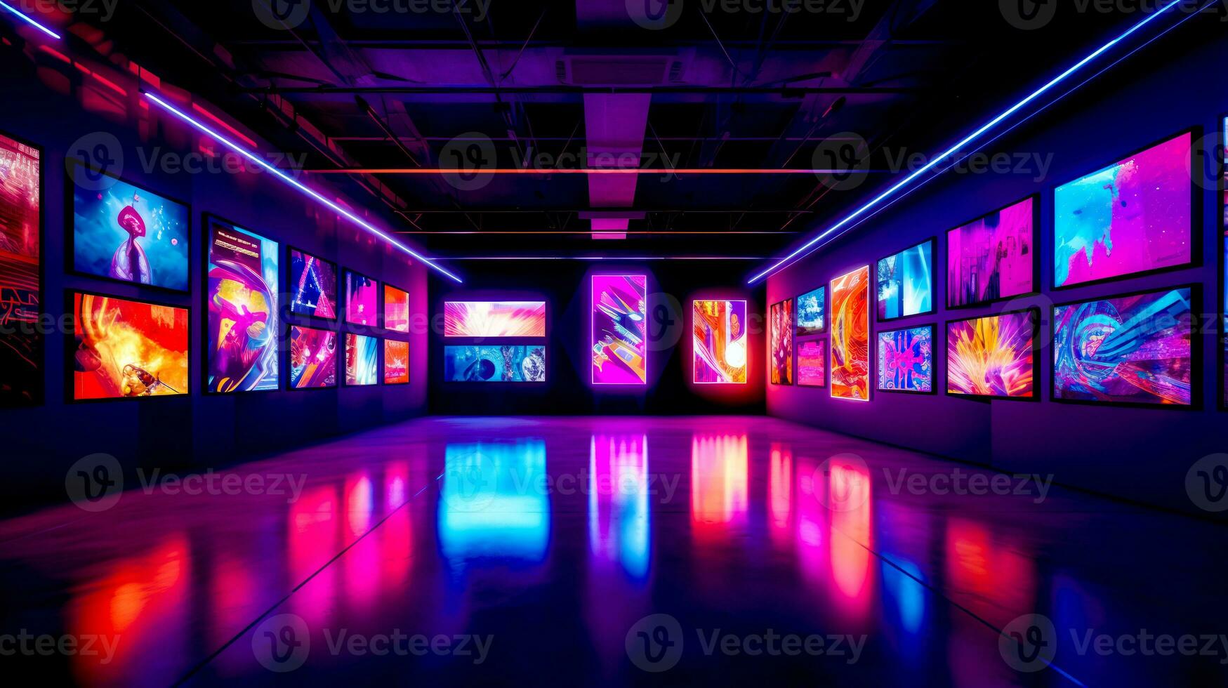 Room filled with lots of windows covered in bright colored lights at night. Generative AI photo