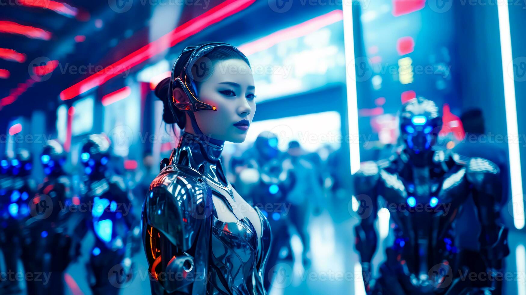Woman in futuristic suit standing in front of group of people. Generative AI photo