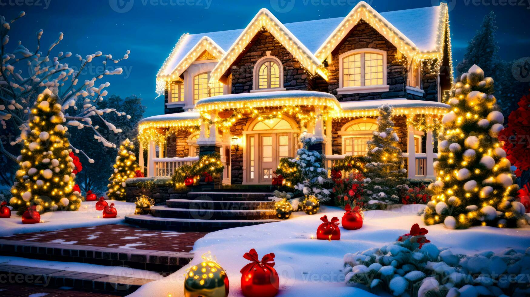 casa con Navidad luces en eso y regalos en frente de el casa. generativo ai foto