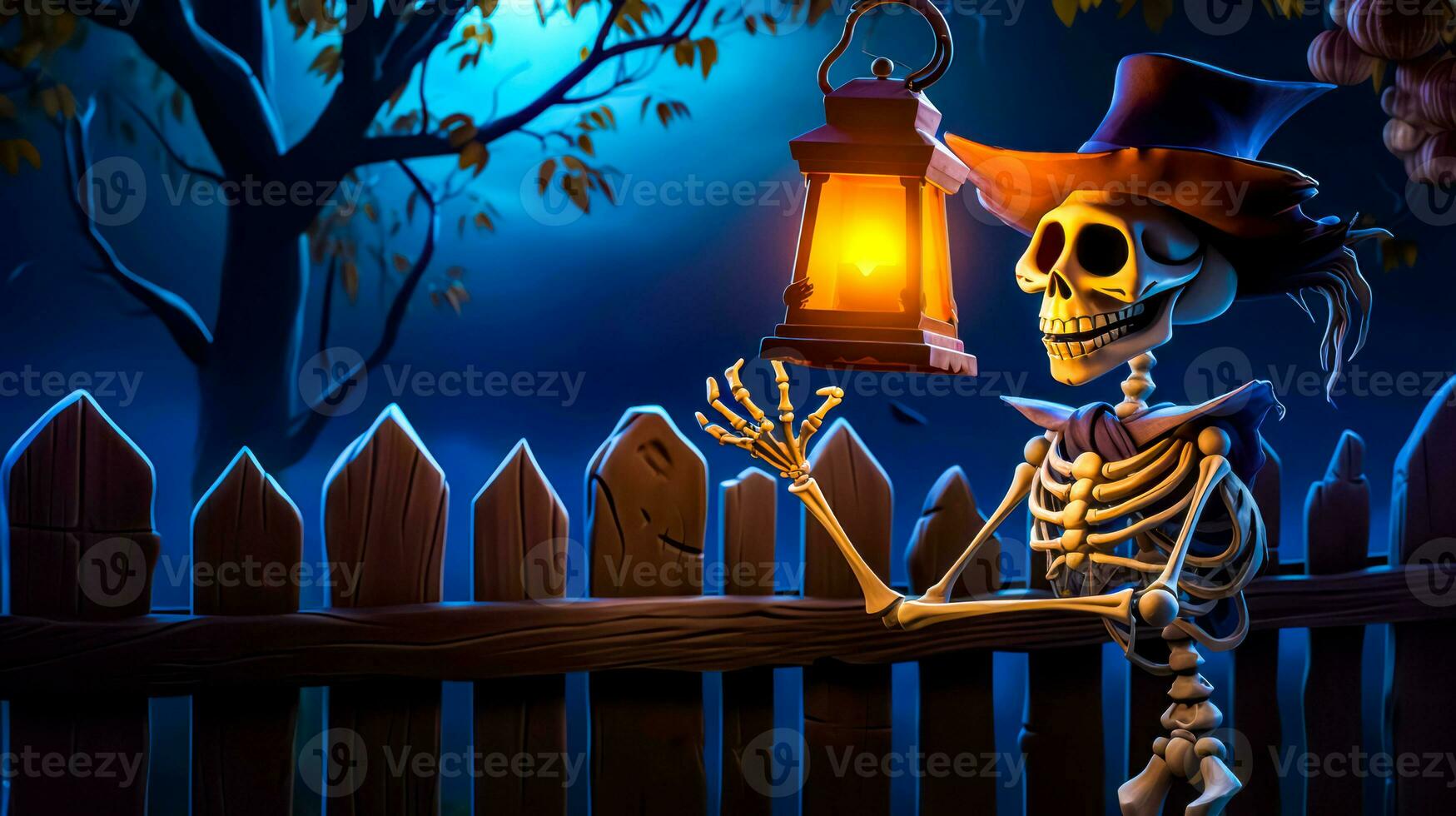 Skeleton sitting on fence with lantern in it's hand. Generative AI photo