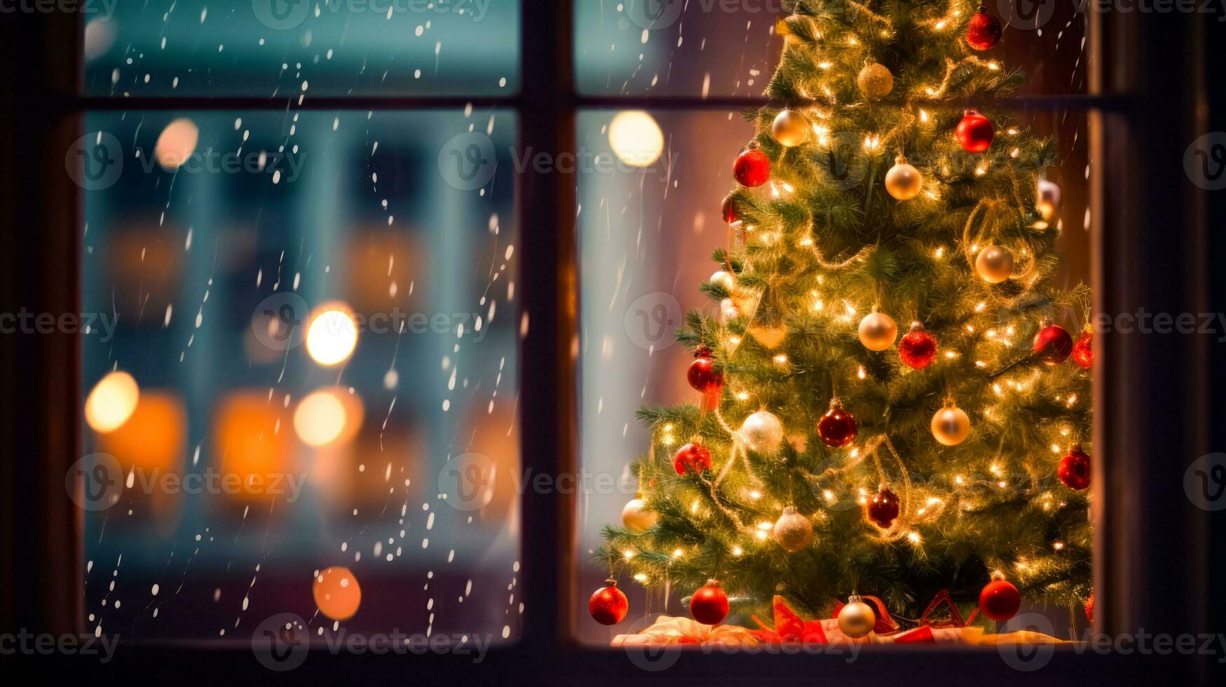 Small christmas tree in front of window with view of the outside. Generative AI photo