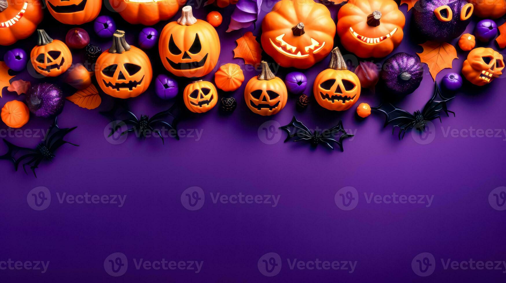Purple background with pumpkins, bats, and spider webs on it. Generative AI photo