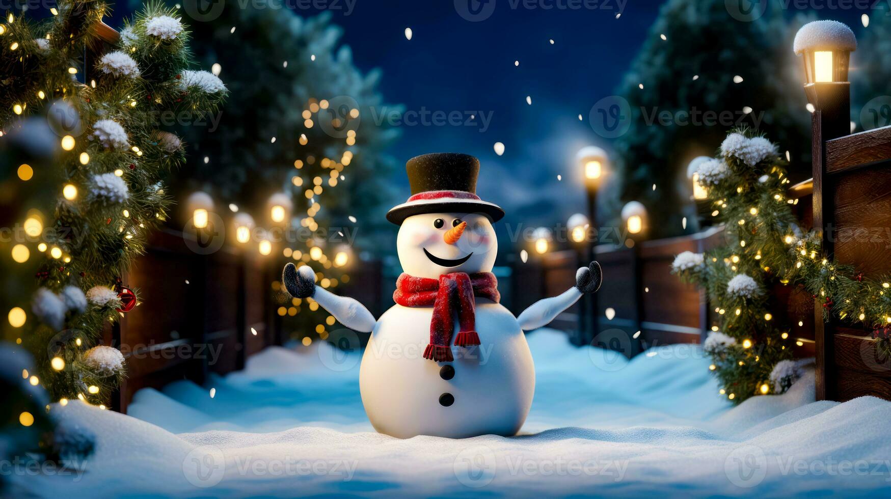 Snowman with top hat and scarf standing in the snow at night. Generative AI photo