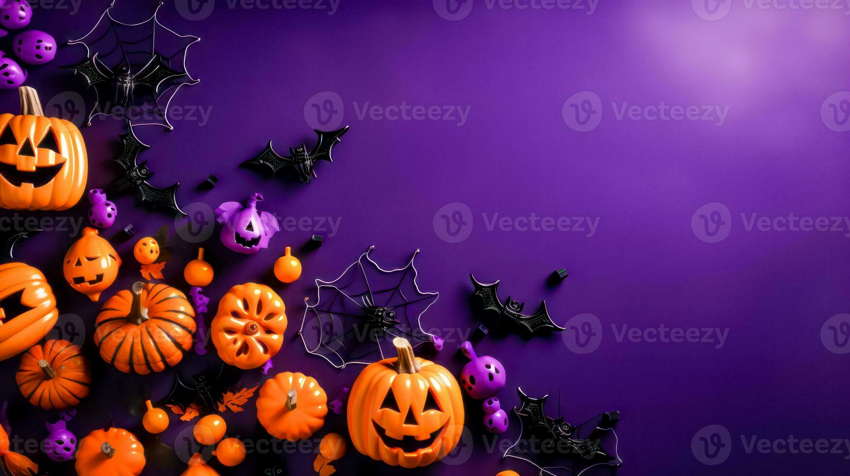 Group of halloween pumpkins and bats on purple and purple background. Generative AI photo