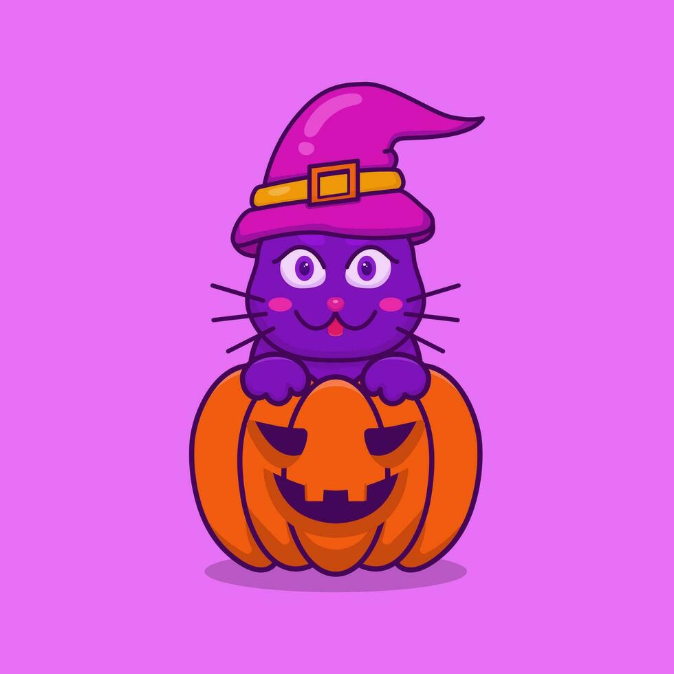 vector ilustración de gato celebrando Víspera de Todos los Santos en un de miedo calabaza