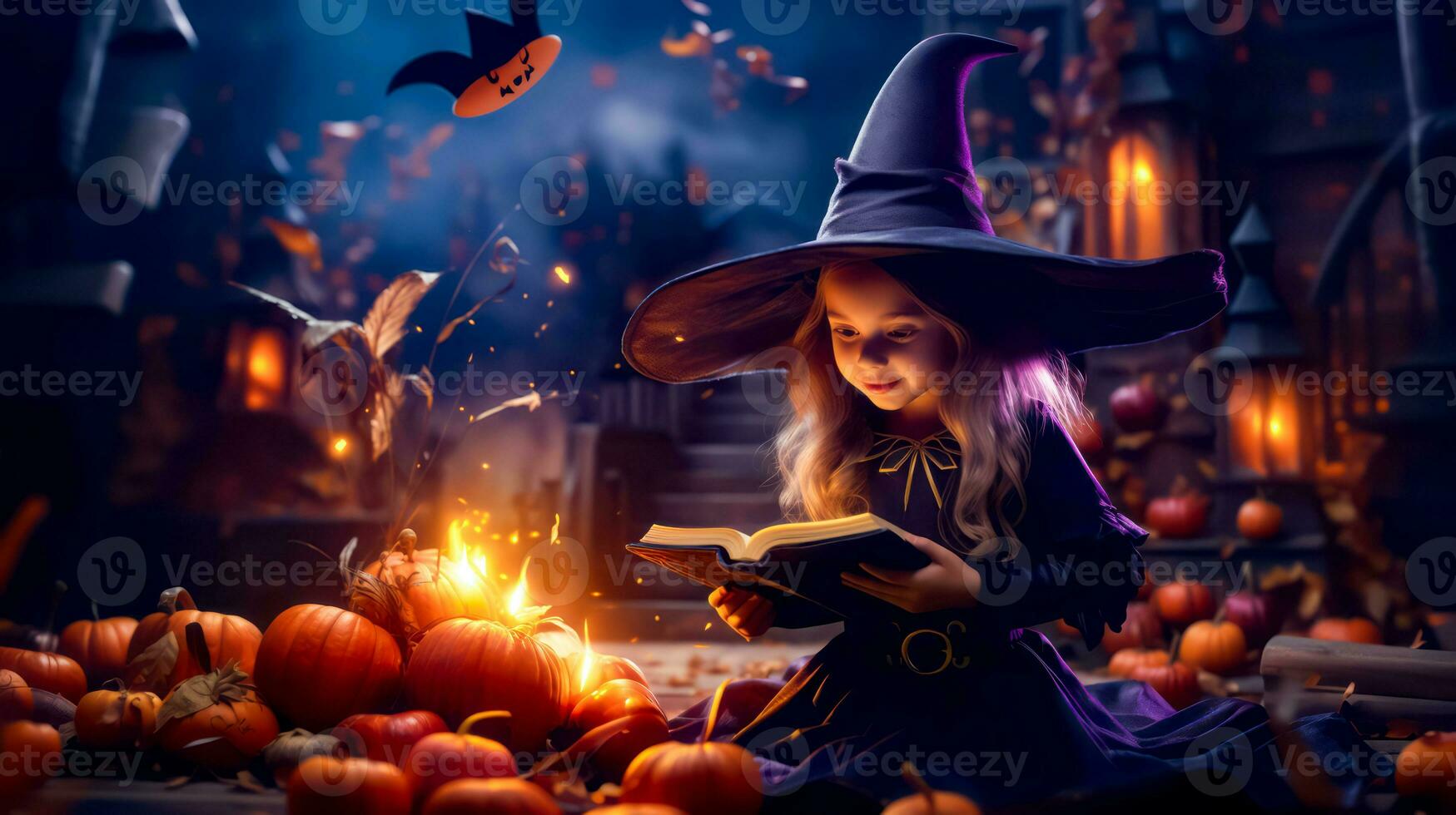 Little girl dressed as witch reading book in front of pile of pumpkins. Generative AI photo