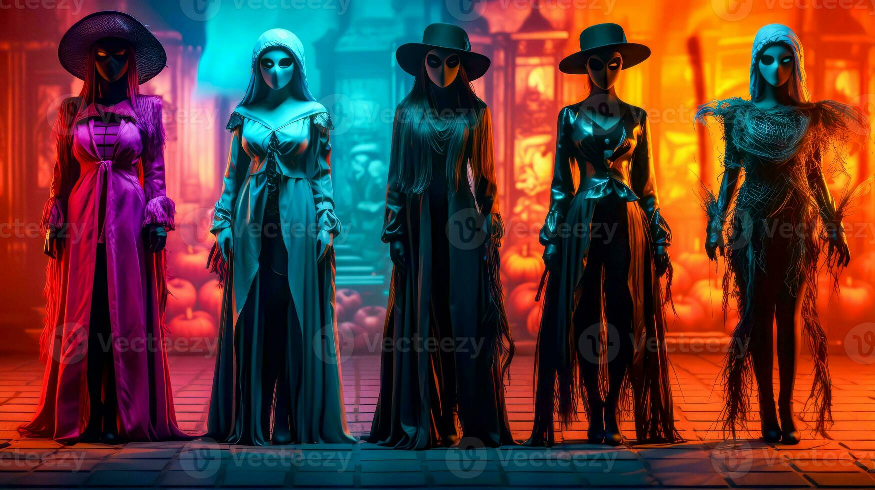 Three mannequins dressed in costumes standing in front of colorful background. Generative AI photo