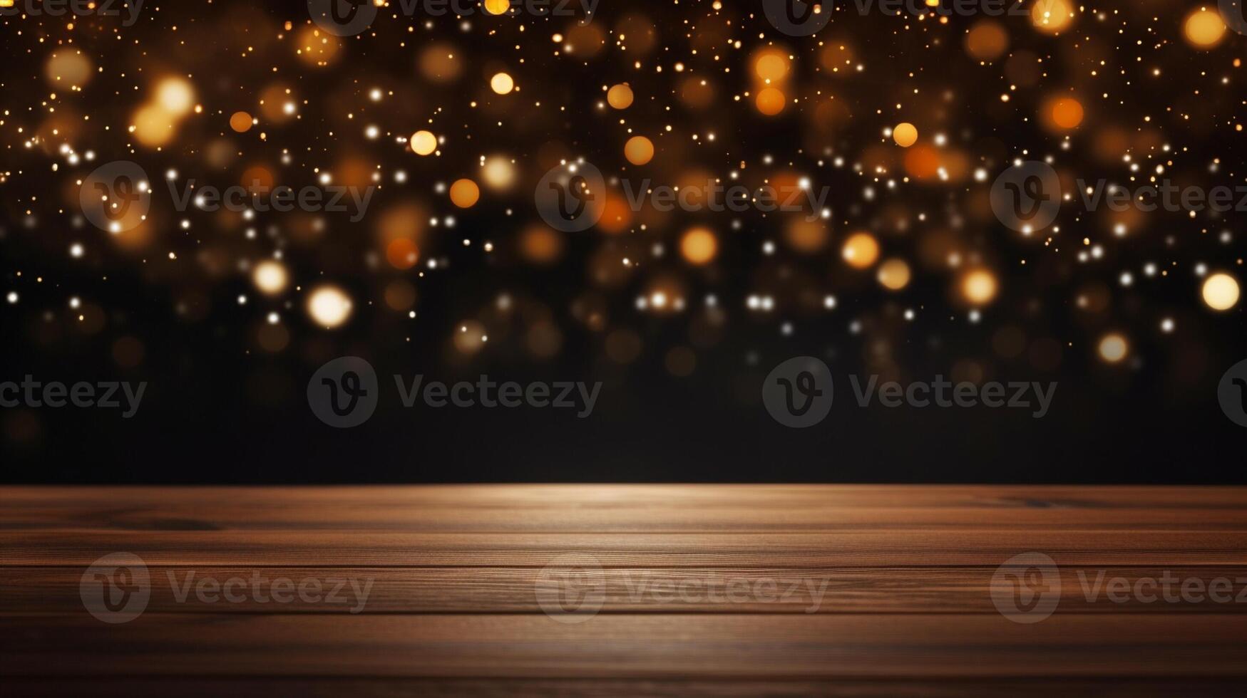 AI Generated Bright abstract celebration gold empty wooden background table dark design shiny festive lights rustic blur christmas night bokeh concept wood decorate photo