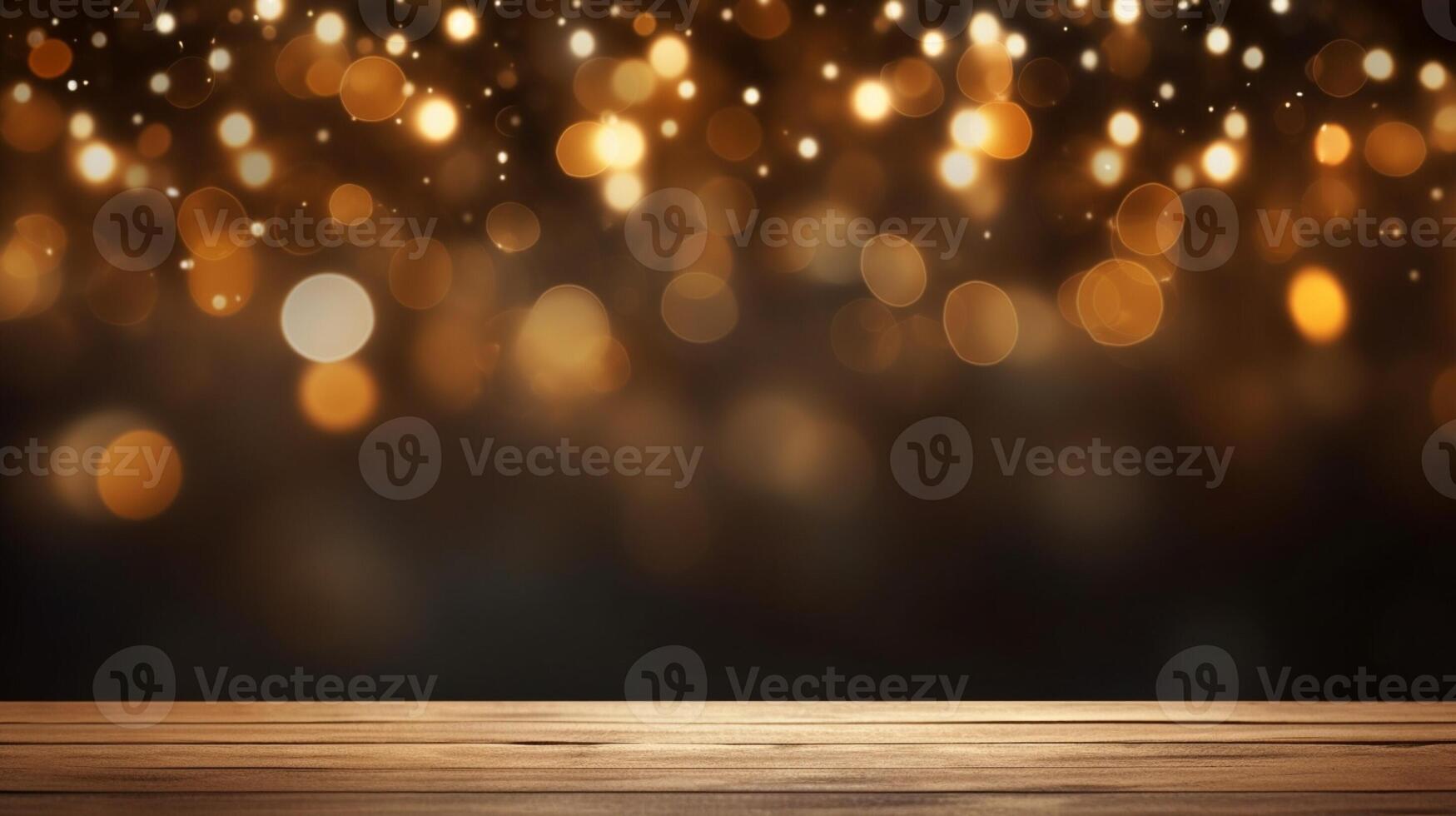 AI Generated Christmas table blur rustic festive space empty golden backdrop wood design shiny dark bokeh wooden holiday celebration texture background lights abstract gold photo