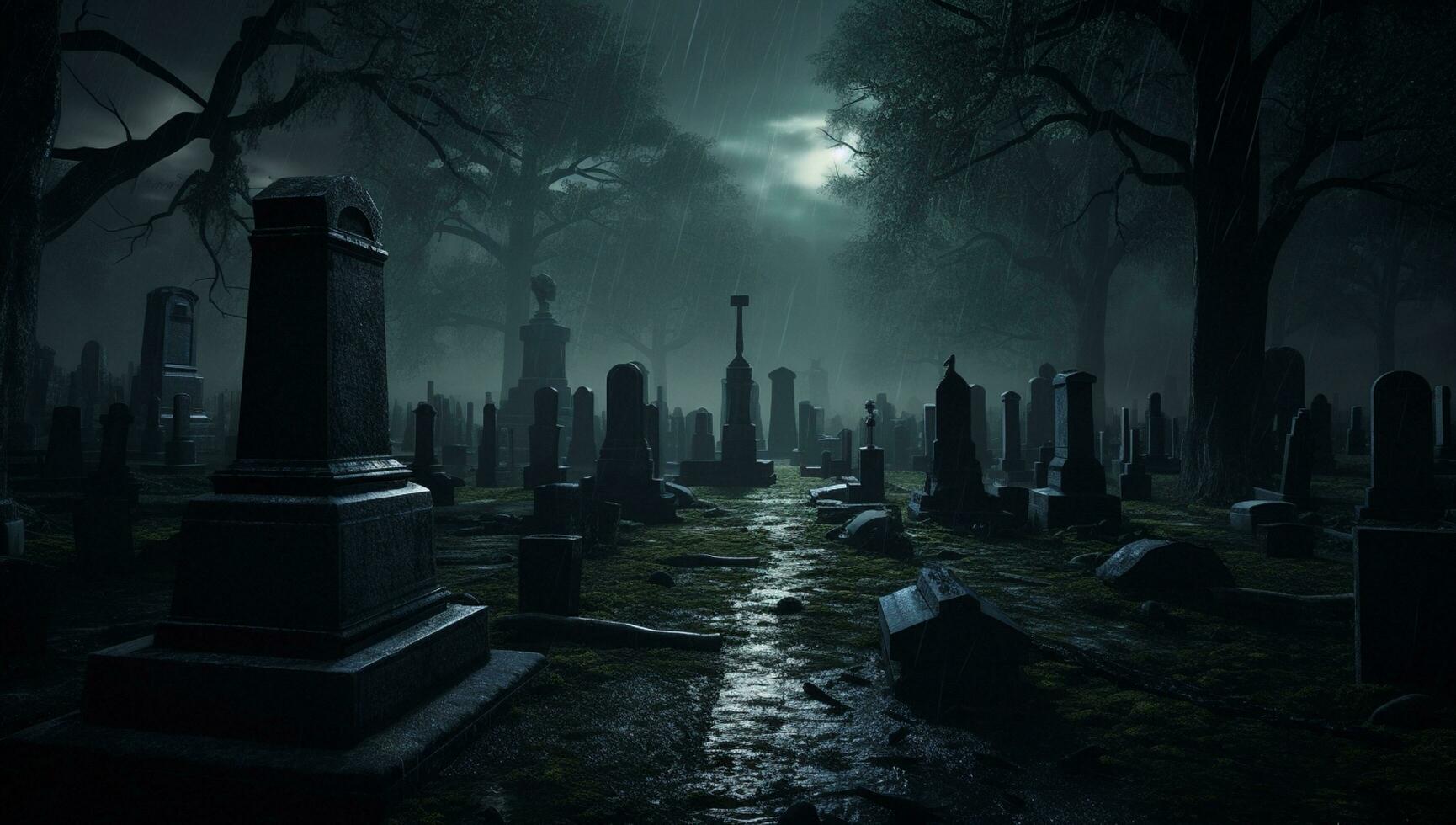AI Generated Halloween graveyard grave ghost death scary horror haunted night dead old spooky tomb background sky tombstone evil cemetery gothic dark fear photo