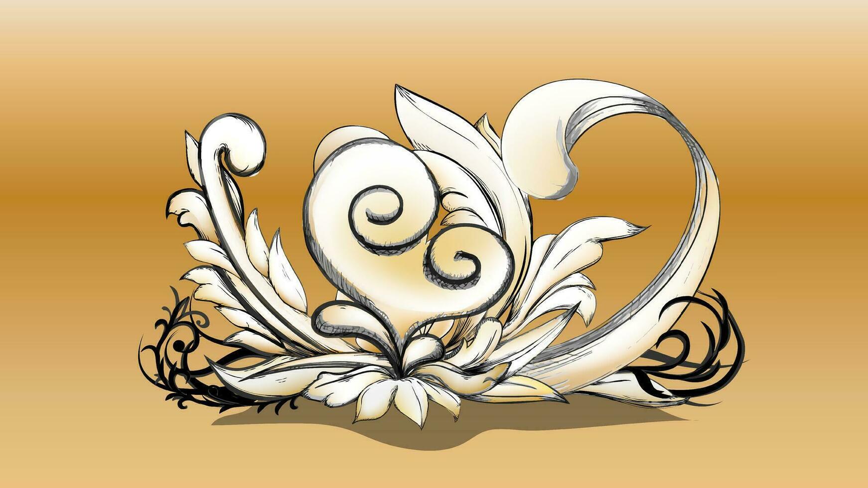 Gold filigree flora heart ornamental element. Carved elegant botanical textured vector. vector