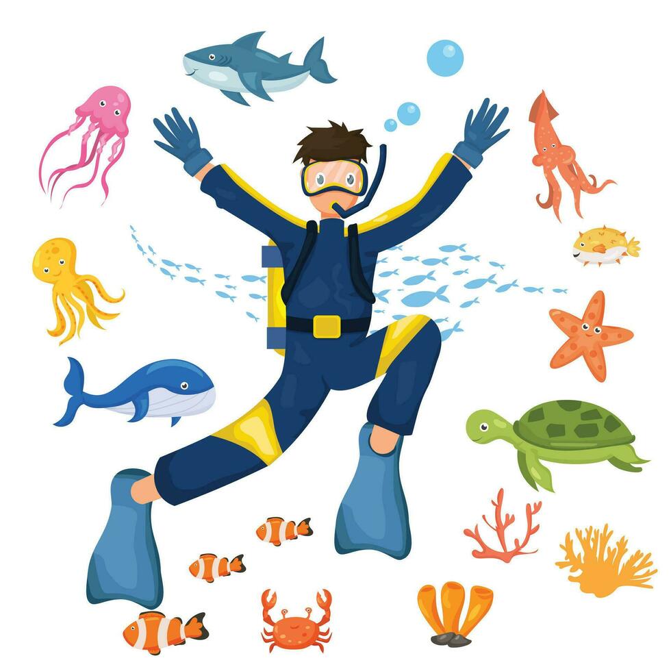 Cartoon boy diving in the sea vector