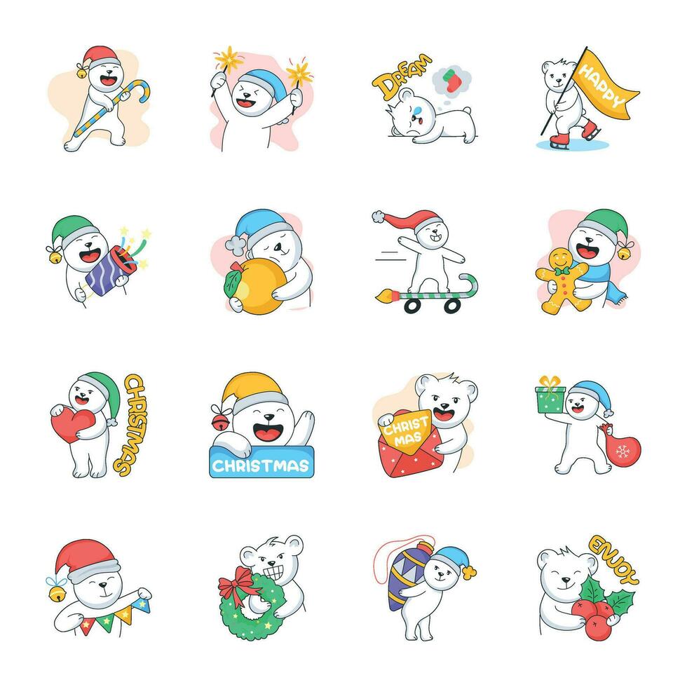 Set of Christmas Teddy Flat Stickers vector