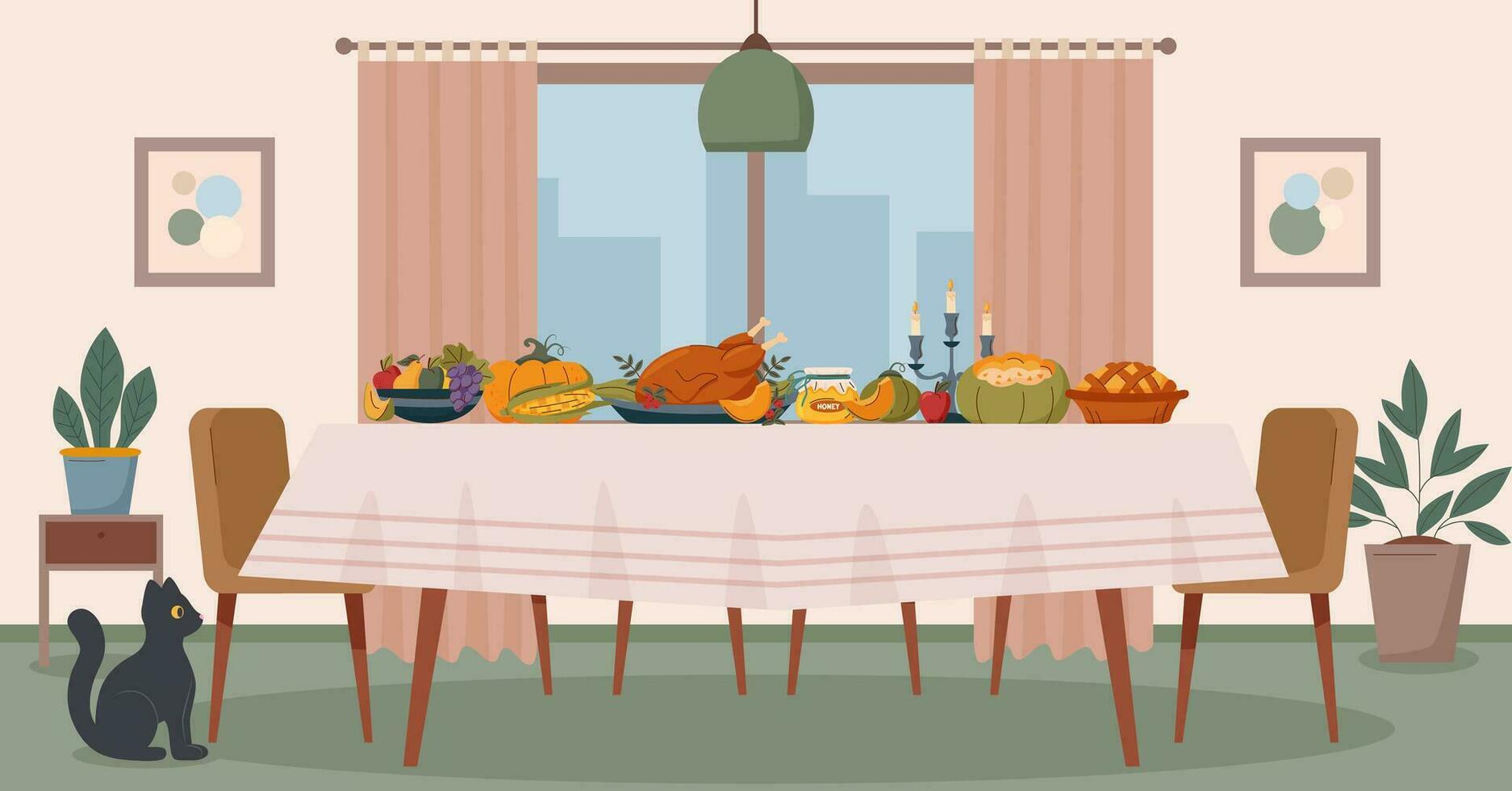 mesa con alimento. acción de gracias pavo. vector