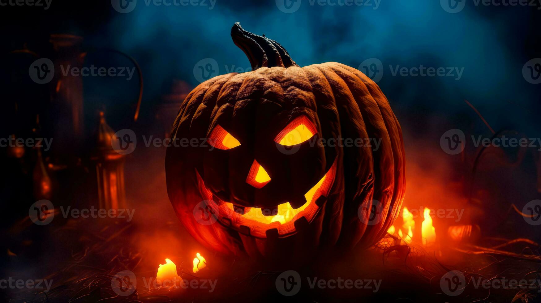 Jack o lantern pumpkin with glowing eyes on dark background with candles. Generative AI photo