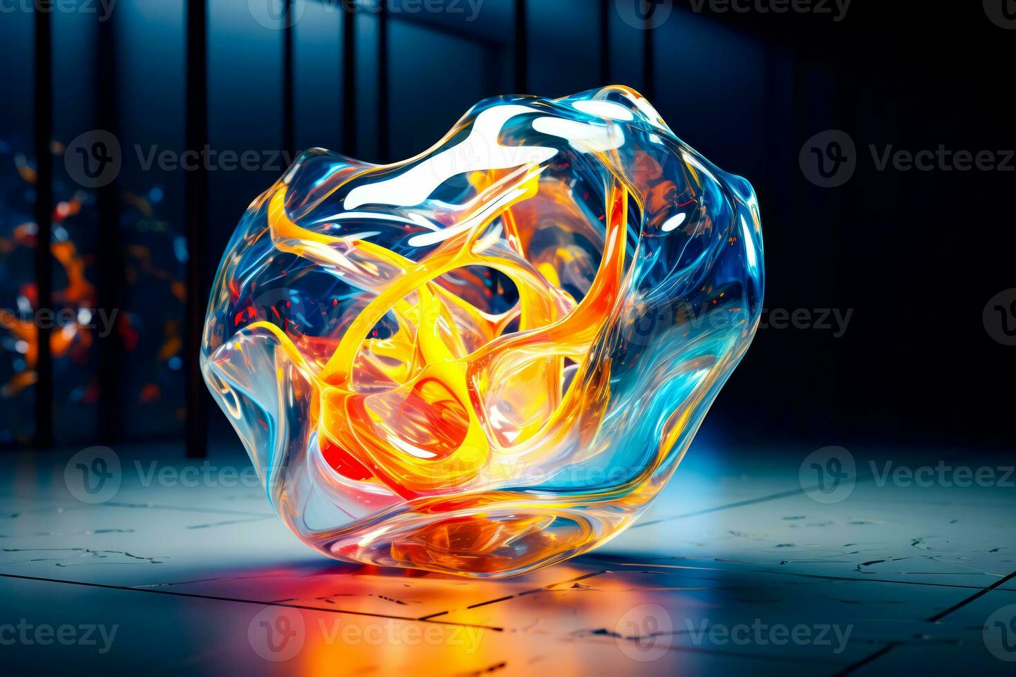 Colorful glass bowl sitting on top of tiled floor next to wall. Generative AI photo