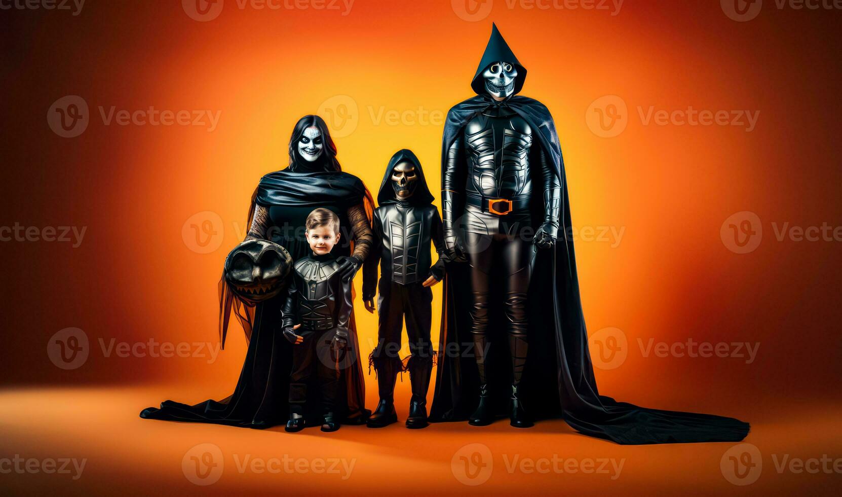 Group of people in halloween costumes standing in front of orange background. Generative AI photo