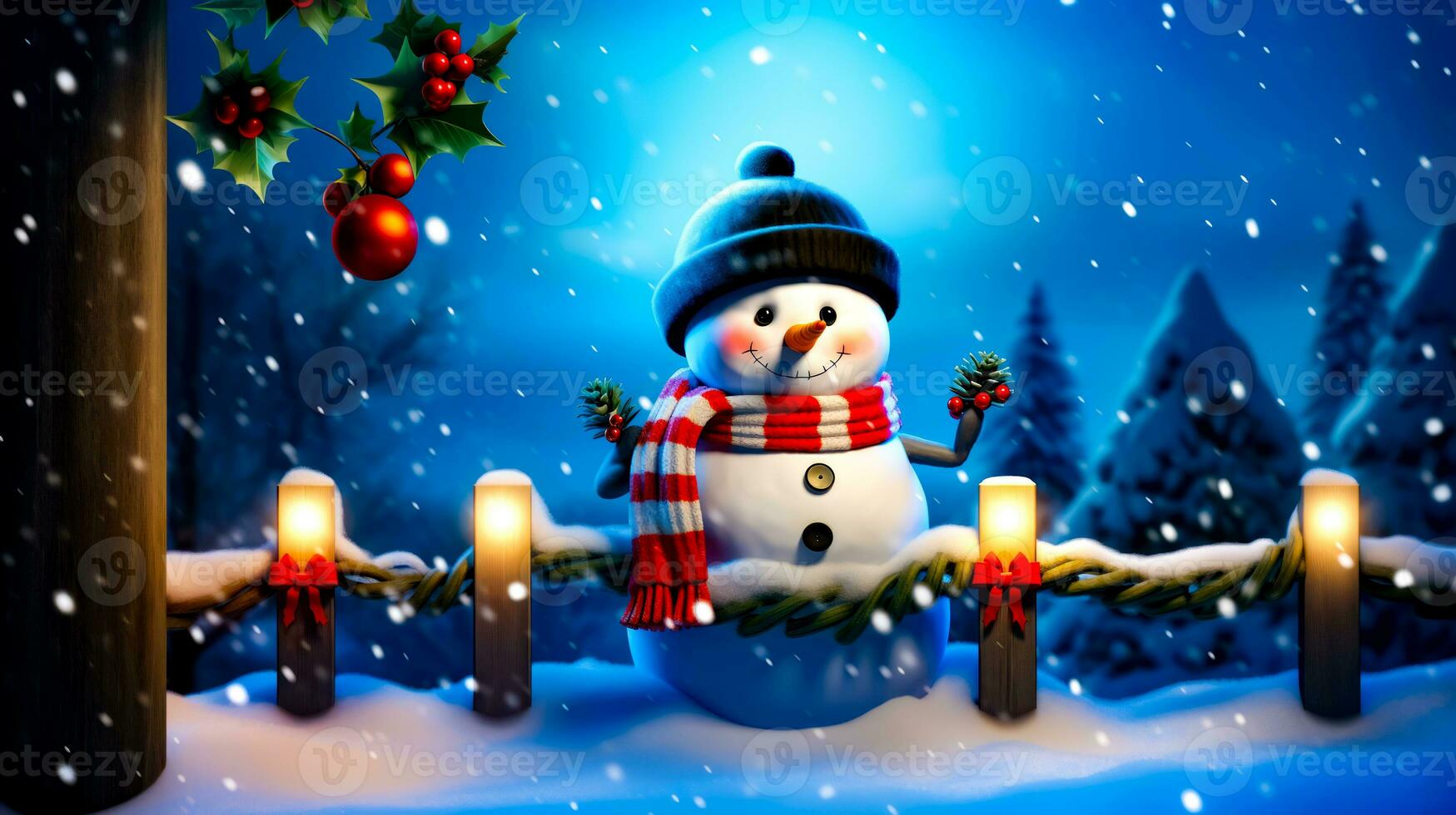 Snowman with hat and scarf standing in front of fence. Generative AI photo