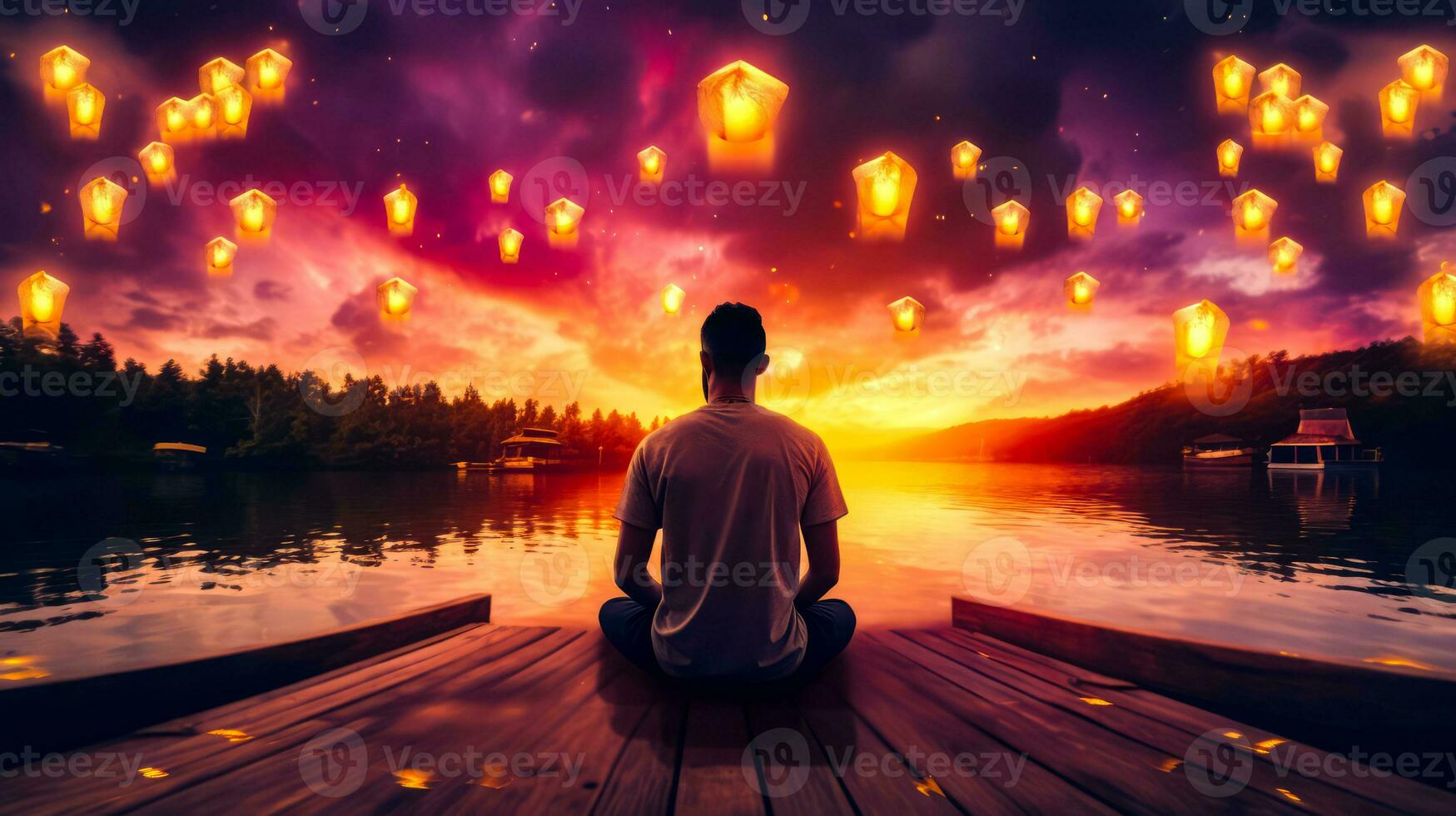 Man is sitting on dock looking at lanterns floating in the sky. Generative AI photo