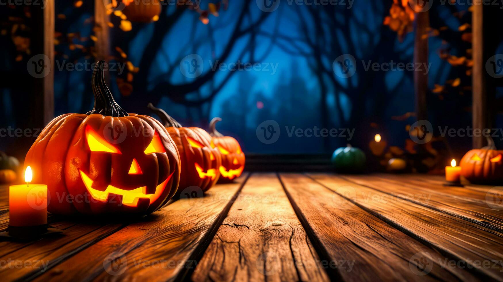 Row of carved jack o lantern pumpkins on wooden table at night. Generative AI photo