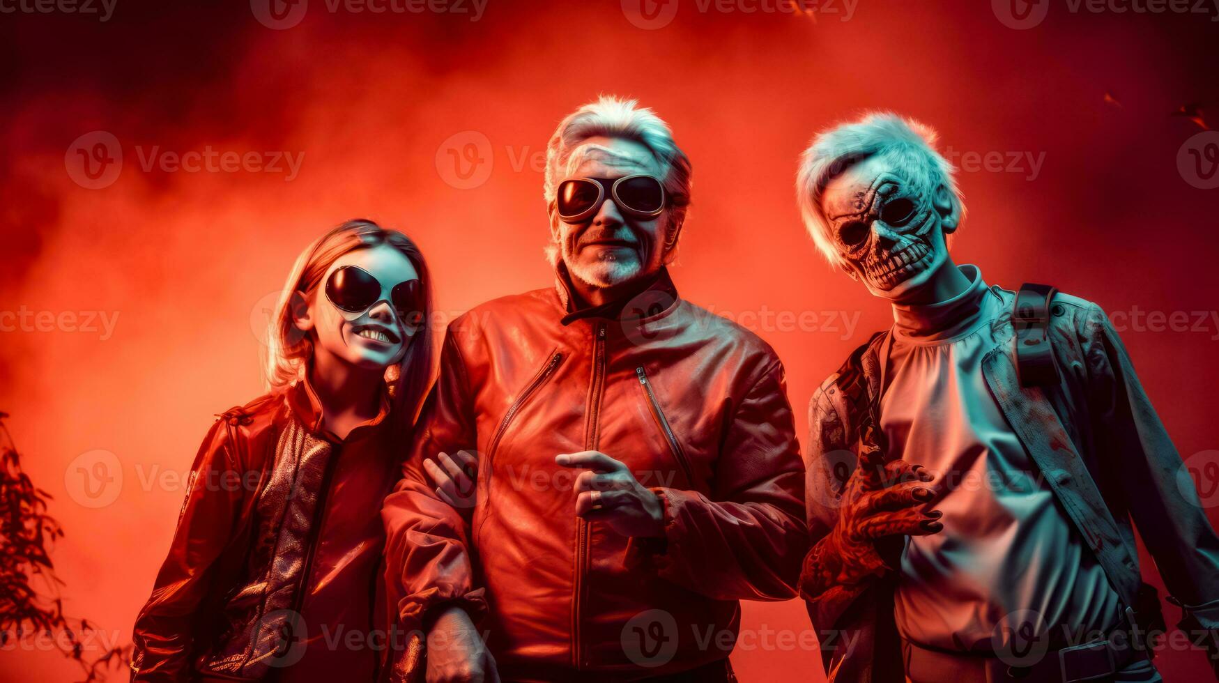 Group of people with fake skulls on their faces and man in leather jacket. Generative AI photo
