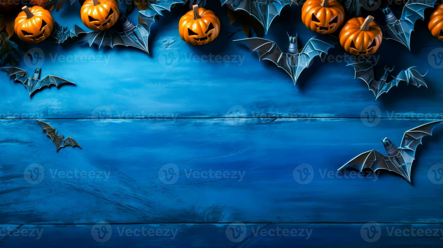 Blue background with pumpkins, bats and bats hanging from the ceiling. Generative AI photo