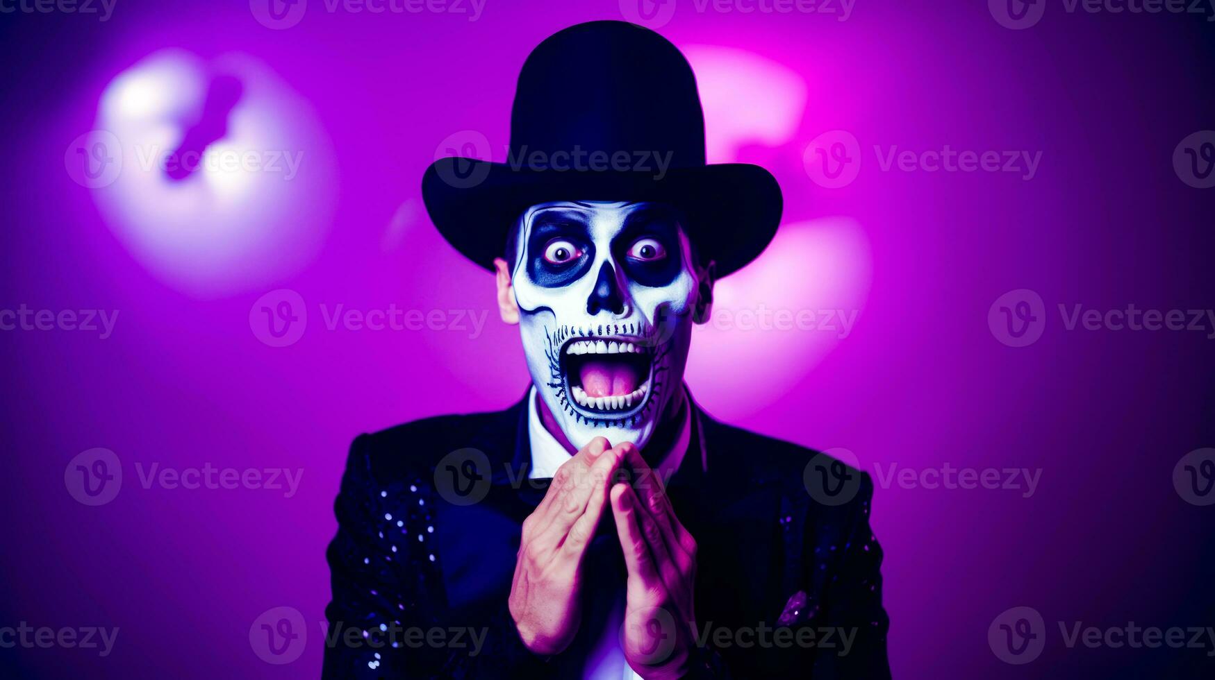 Man in top hat and skeleton make - up poses for photo. Generative AI photo