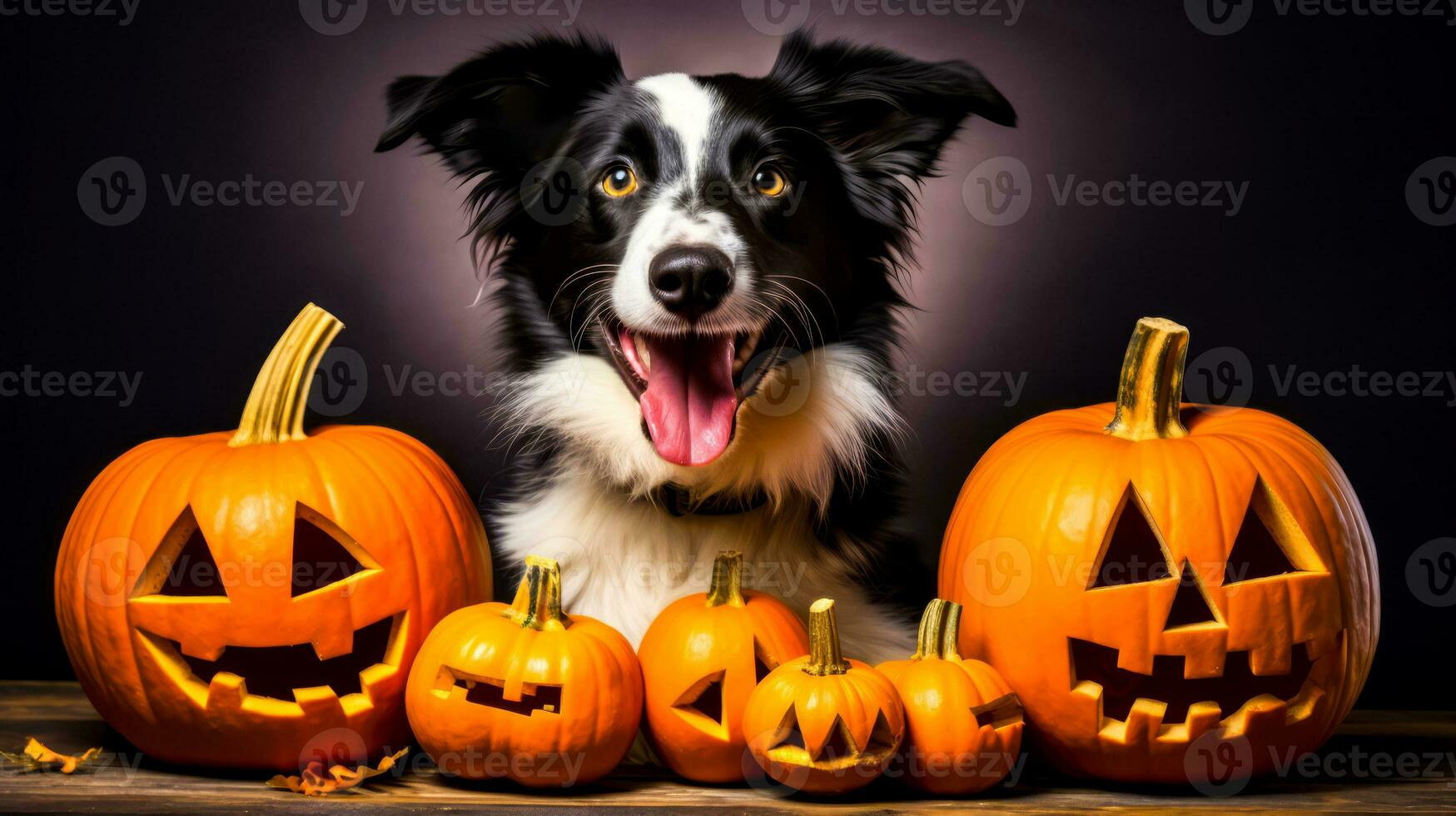 Black and white dog sitting next to pumpkins and jack - o'- lanterns. Generative AI photo