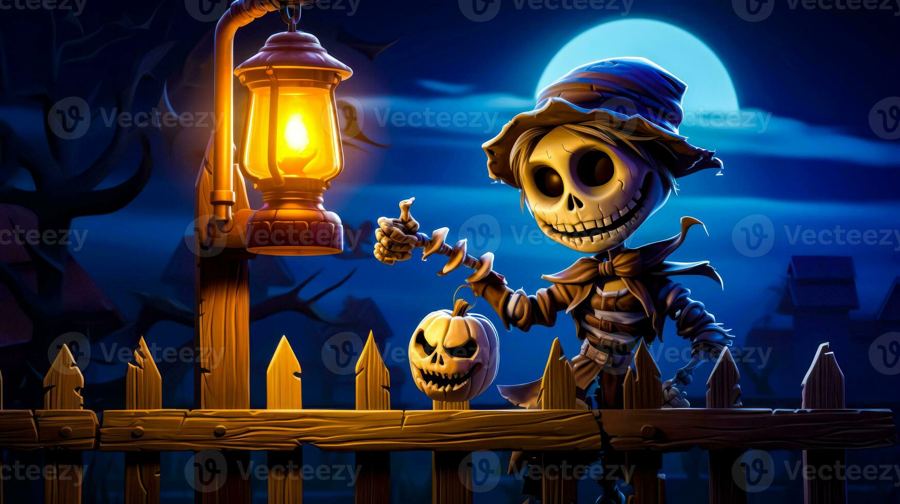 Skeleton dressed as witch with lantern and jack - o - lantern. Generative AI photo