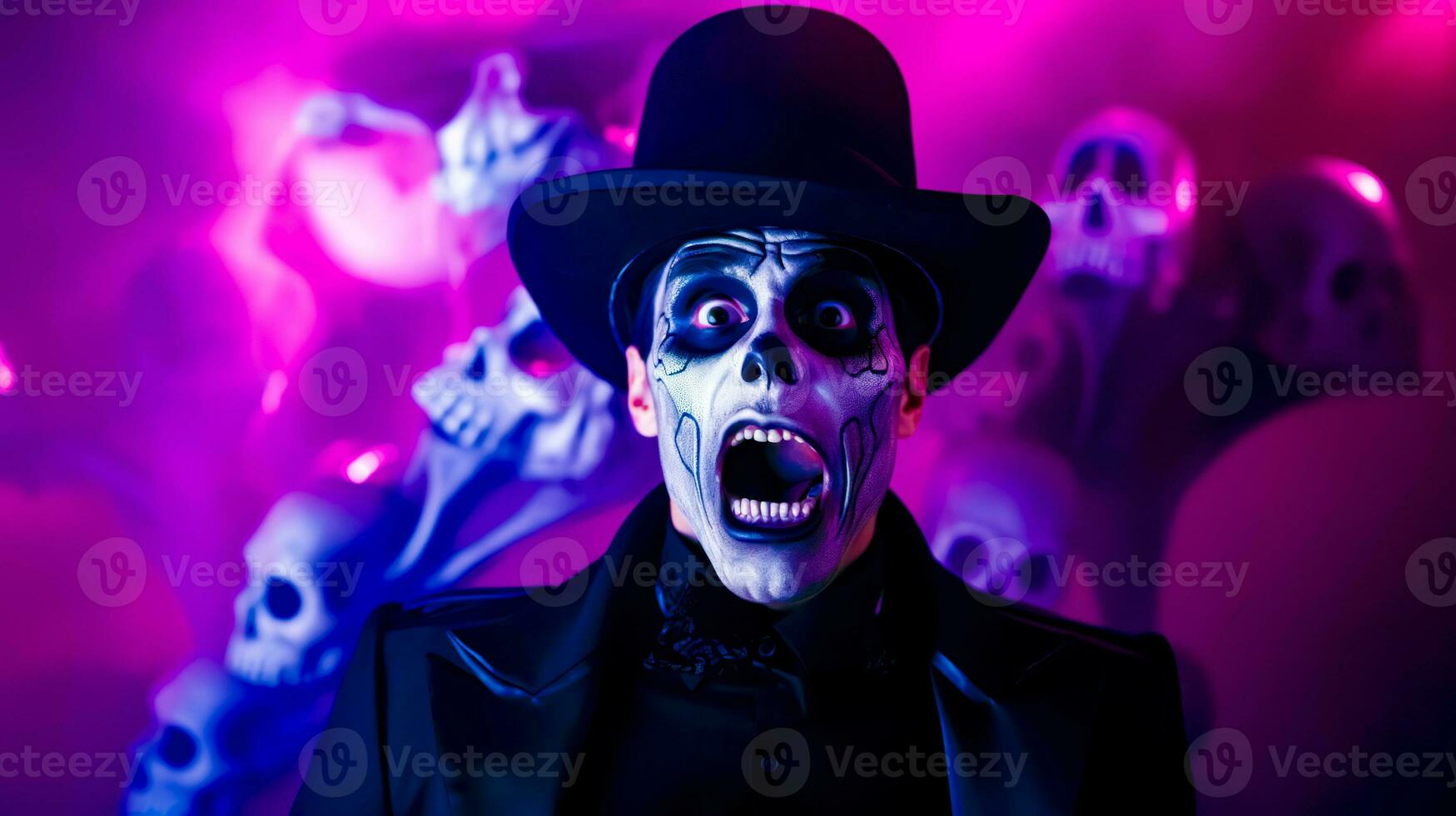 Man in black suit and hat with skeleton face painted on. Generative AI photo