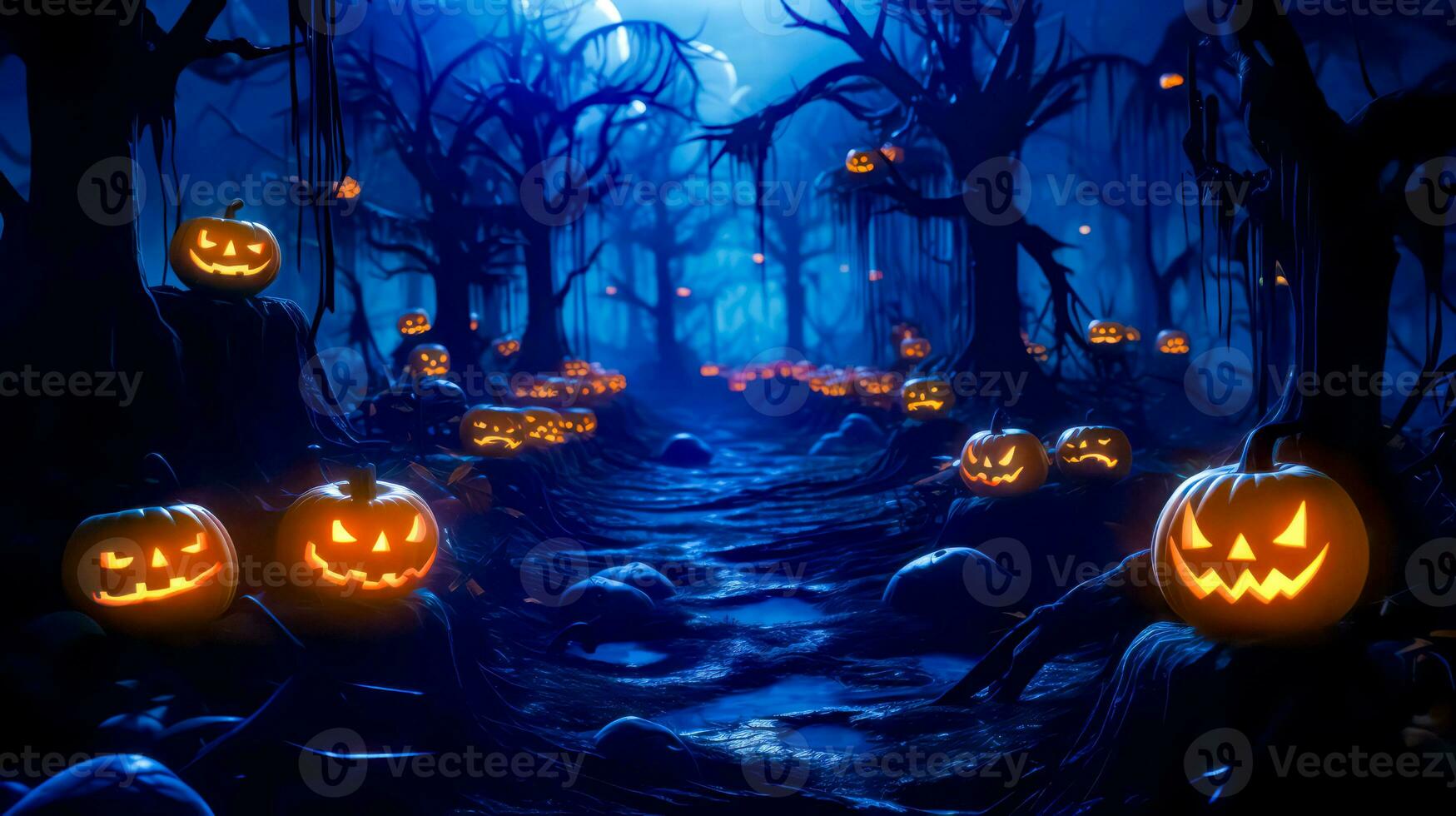 Halloween scene with jack - o - lantern pumpkins in the woods. Generative AI photo