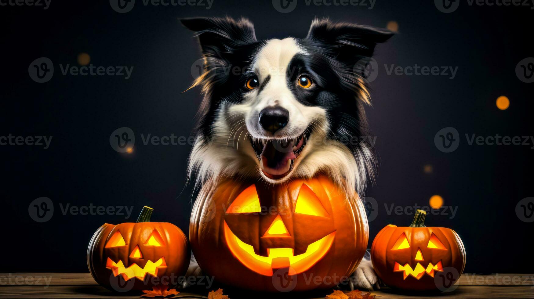 Black and white dog is holding jack - o'- lantern. Generative AI photo