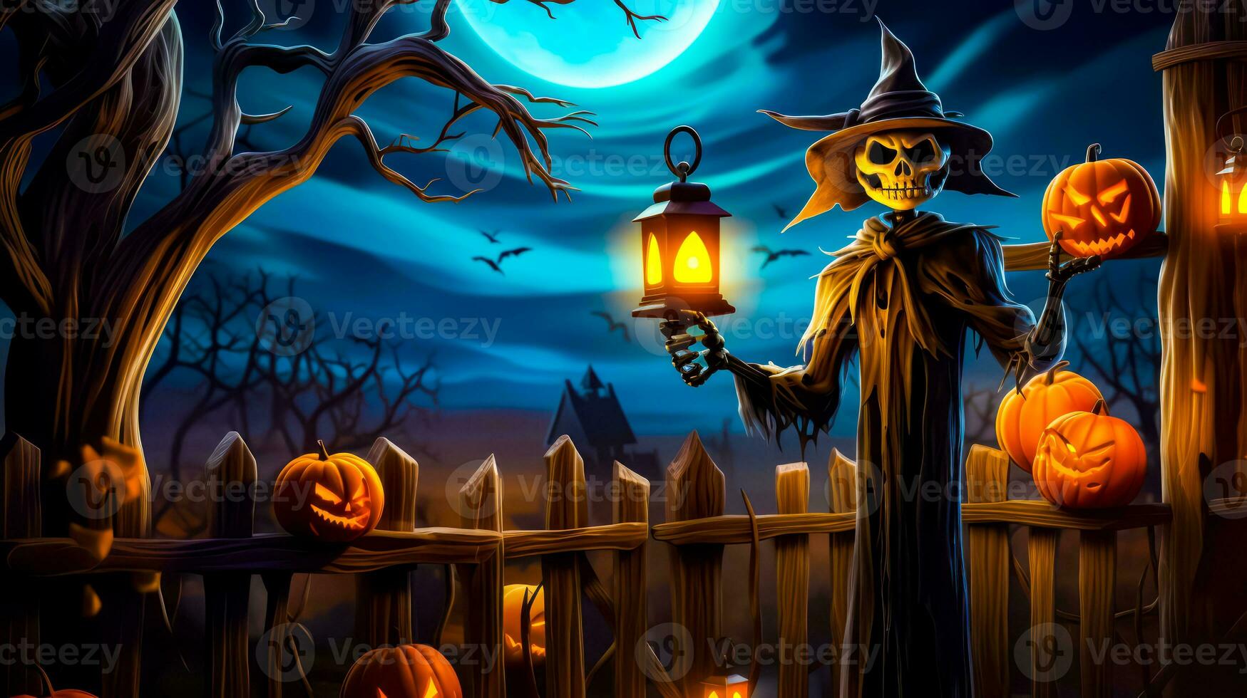 Halloween scene with scarecrow holding lantern and full moon. Generative AI photo