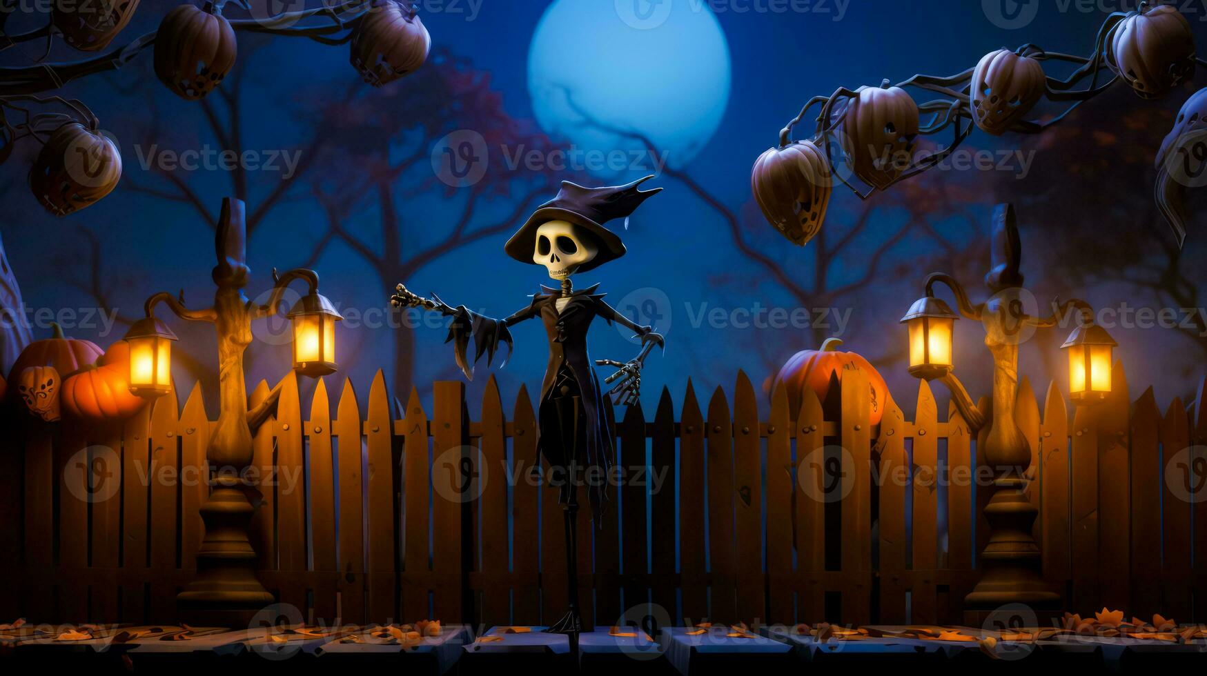 Skeleton dressed as witch standing in front of fence with lanterns. Generative AI photo