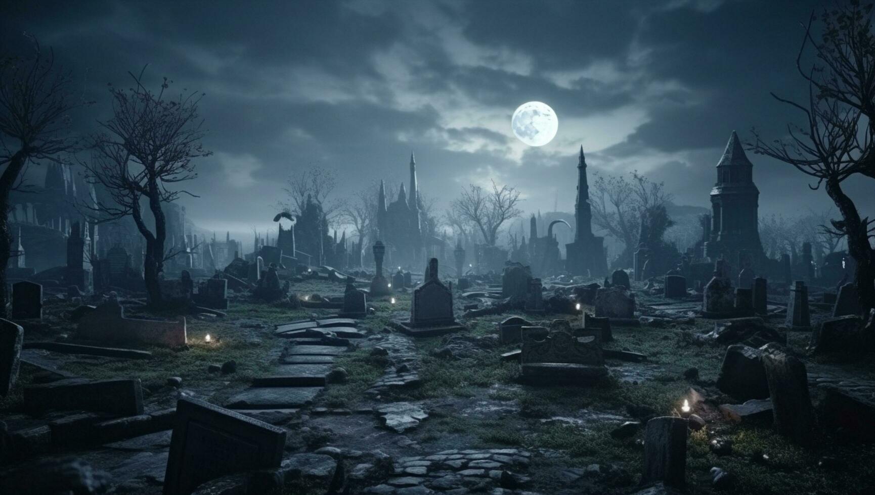 AI Generated Night gothic death horror evil spooky graveyard old tomb moon sky scary background grunge tombstone fear dark grave cross halloween mysterious cemetery dead photo