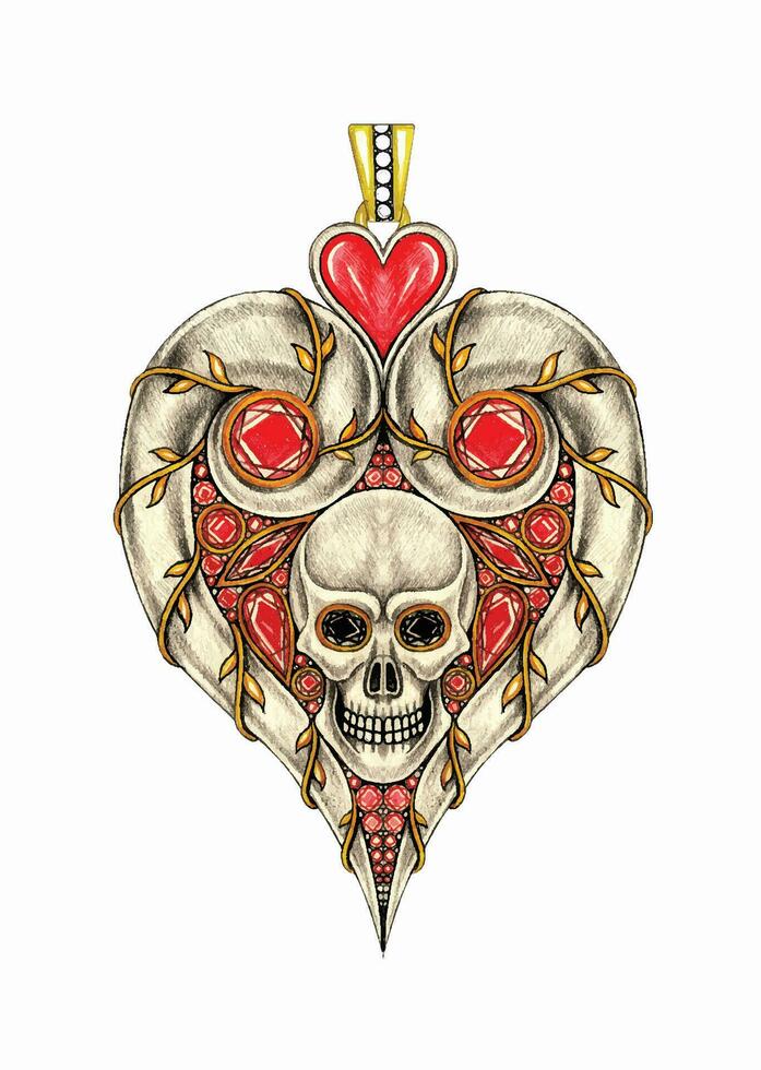 Jewelry design art fancy heart mix skull pendant hand drawing and painting make graphic vector. vector