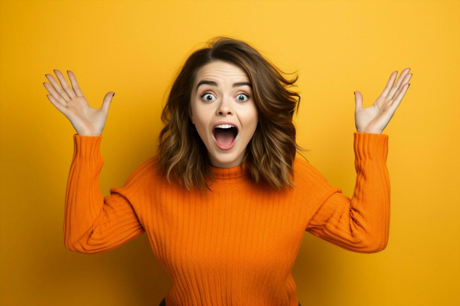 AI Generated Woman surprise brunette fashion model person caucasian background female shock excited expression young white face hair attractive amazed yellow beauty studio portrait trendy photo