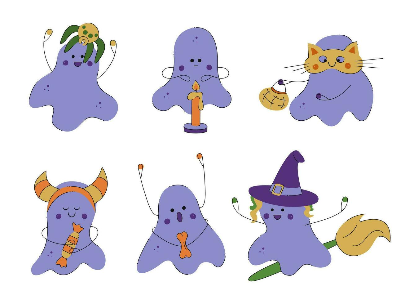 Collection of cute ghosts for Halloween decoration. Color doodle vector illustration.