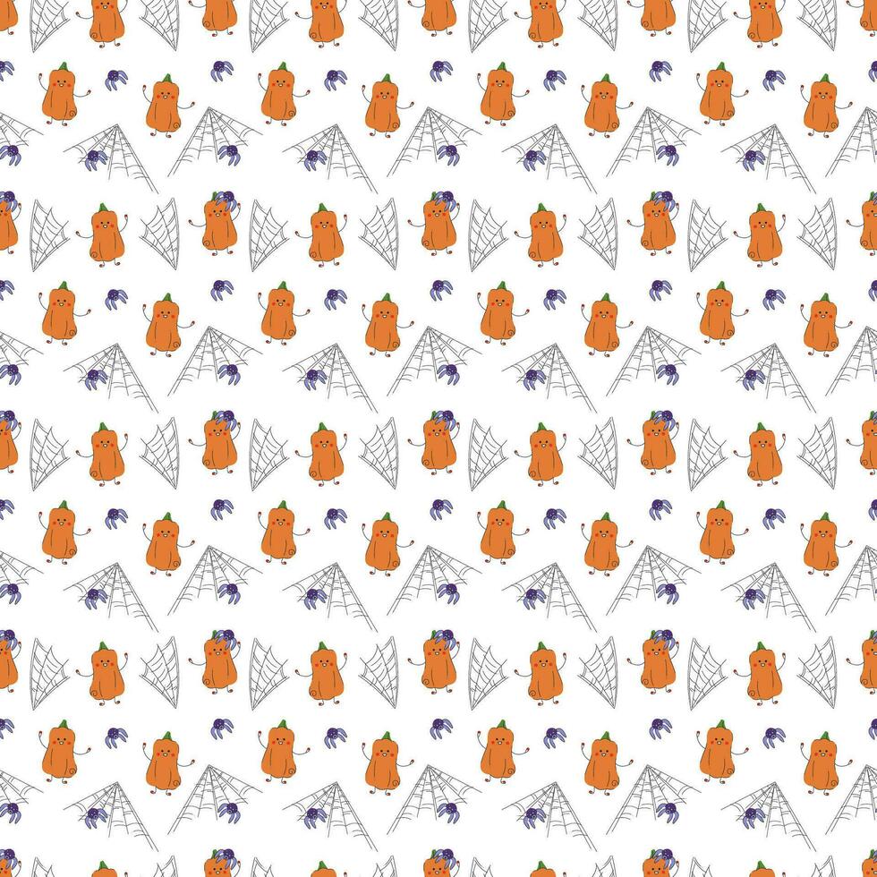 Seamless pattern with cute Halloween character pumpkin with spider and spiderweb. Color vector flat illustration.