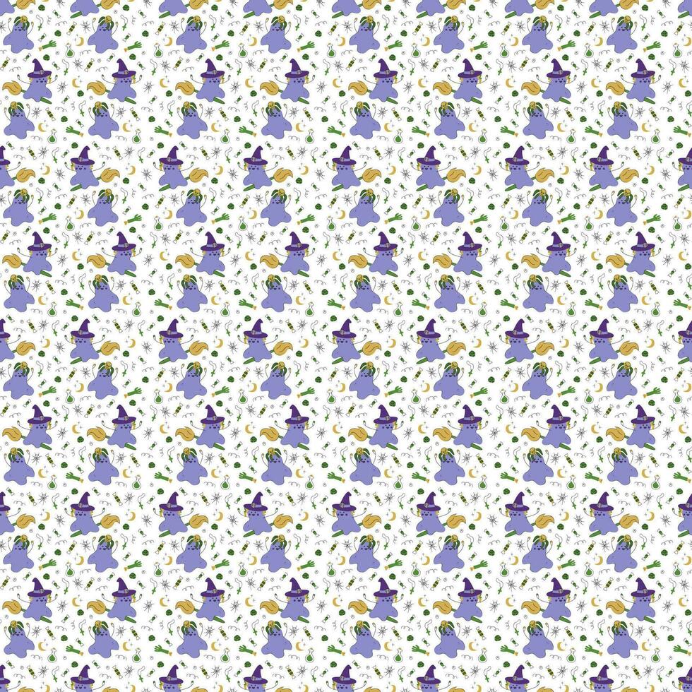 Seamless pattern with two cute Halloween characters ghosts with candies and spiders. Color vector flat illustration.