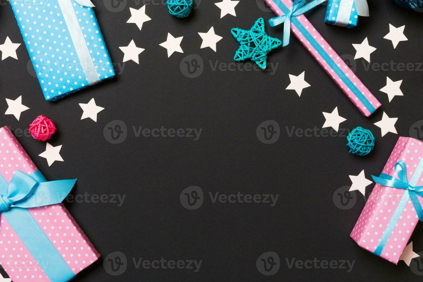 Top view of Christmas decorations on black background. New Year holiday concept with copy space photo