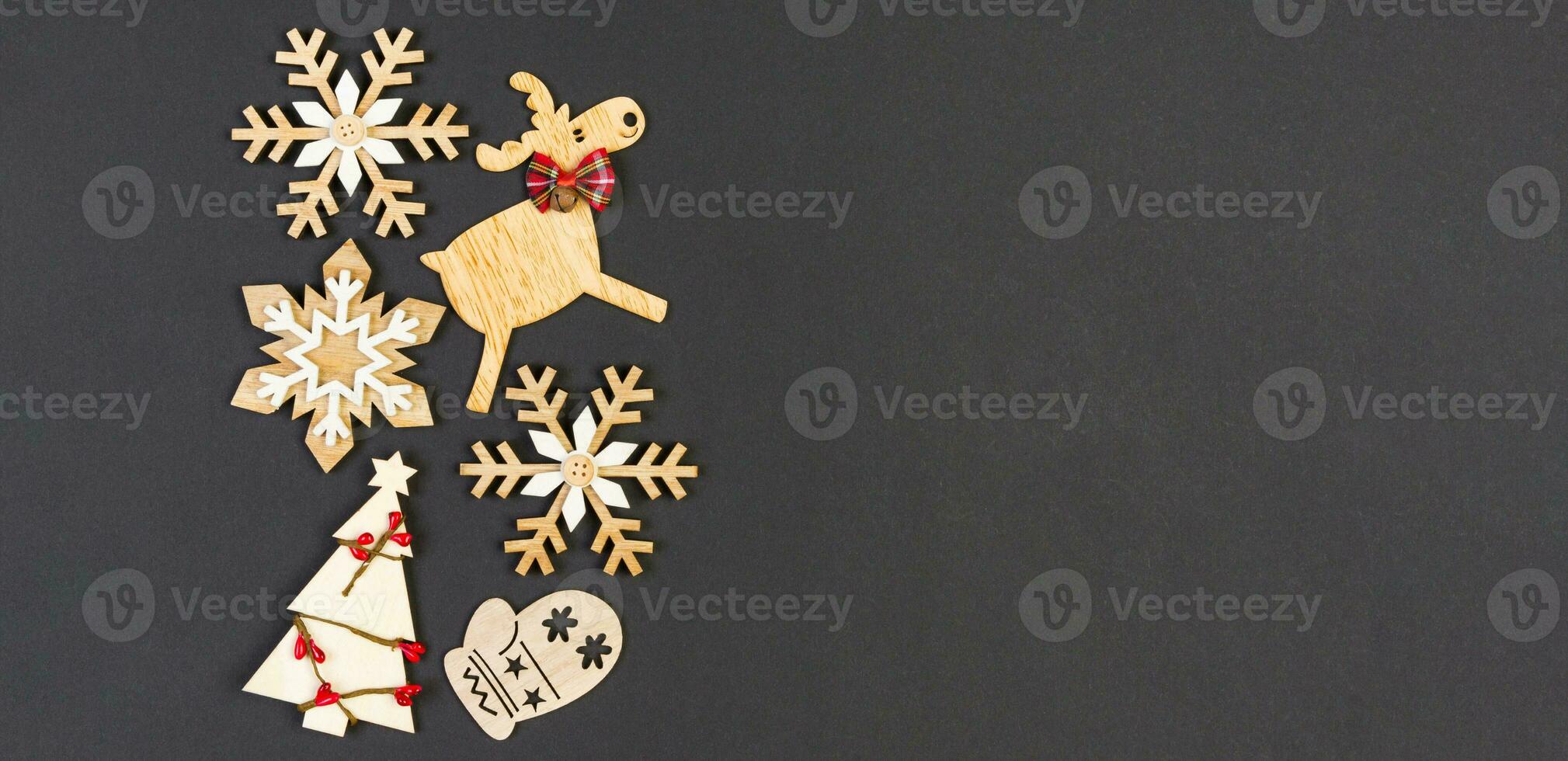 Banner top view of festive composition made of New Year decorations on colorful background. Merry Christmas concept with empty space for your design photo