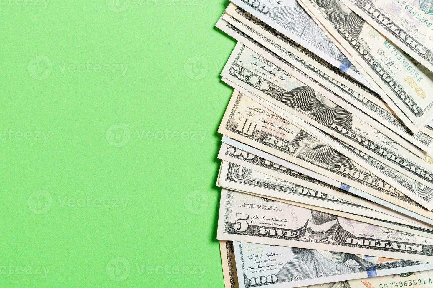 Background of US Dollar bills money top view of business concept on background with copy space photo