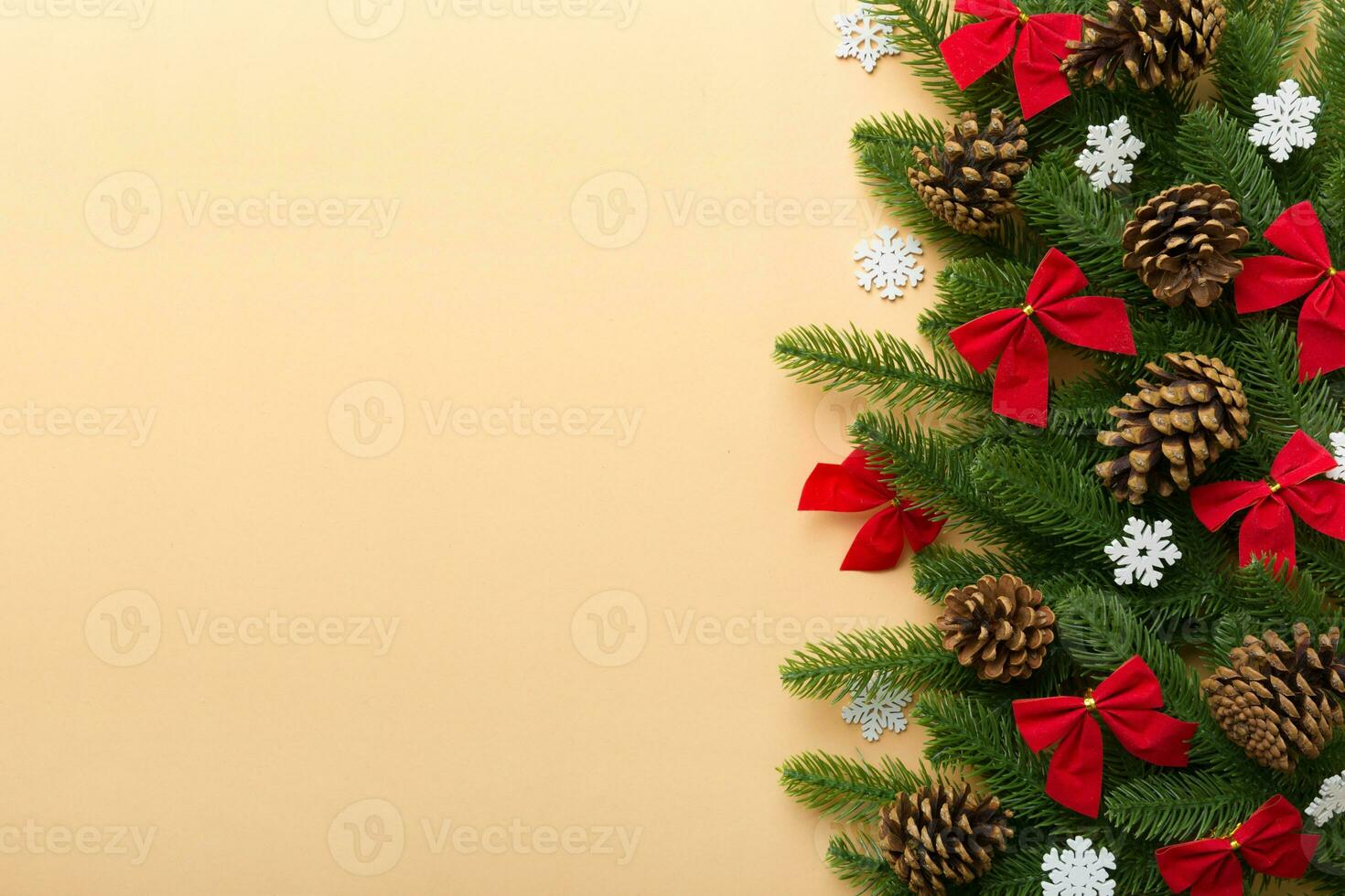 Christmas background with fir branches and Christmas decor. Top view, copy space for text photo