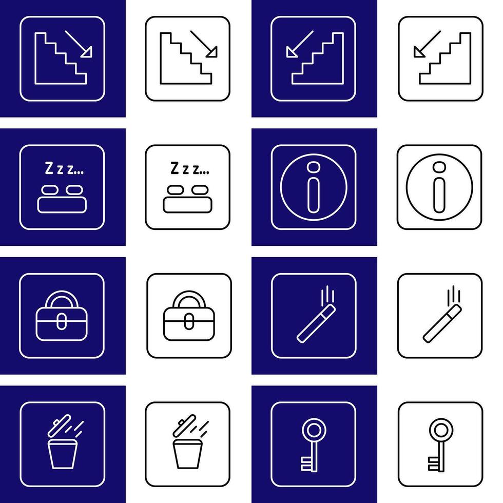 A set of 8 icons consisting of stairs, key, info icon, rest room, luggage, garbage, smoking area. Available in two colors blue, white and white, black. vector
