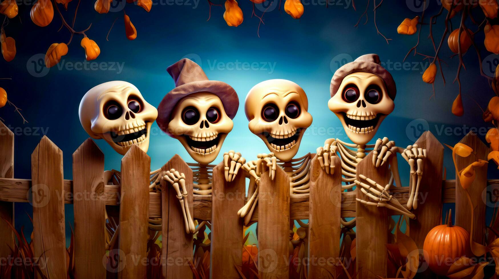 Group of skeletons standing next to each other in front of fence. Generative AI photo