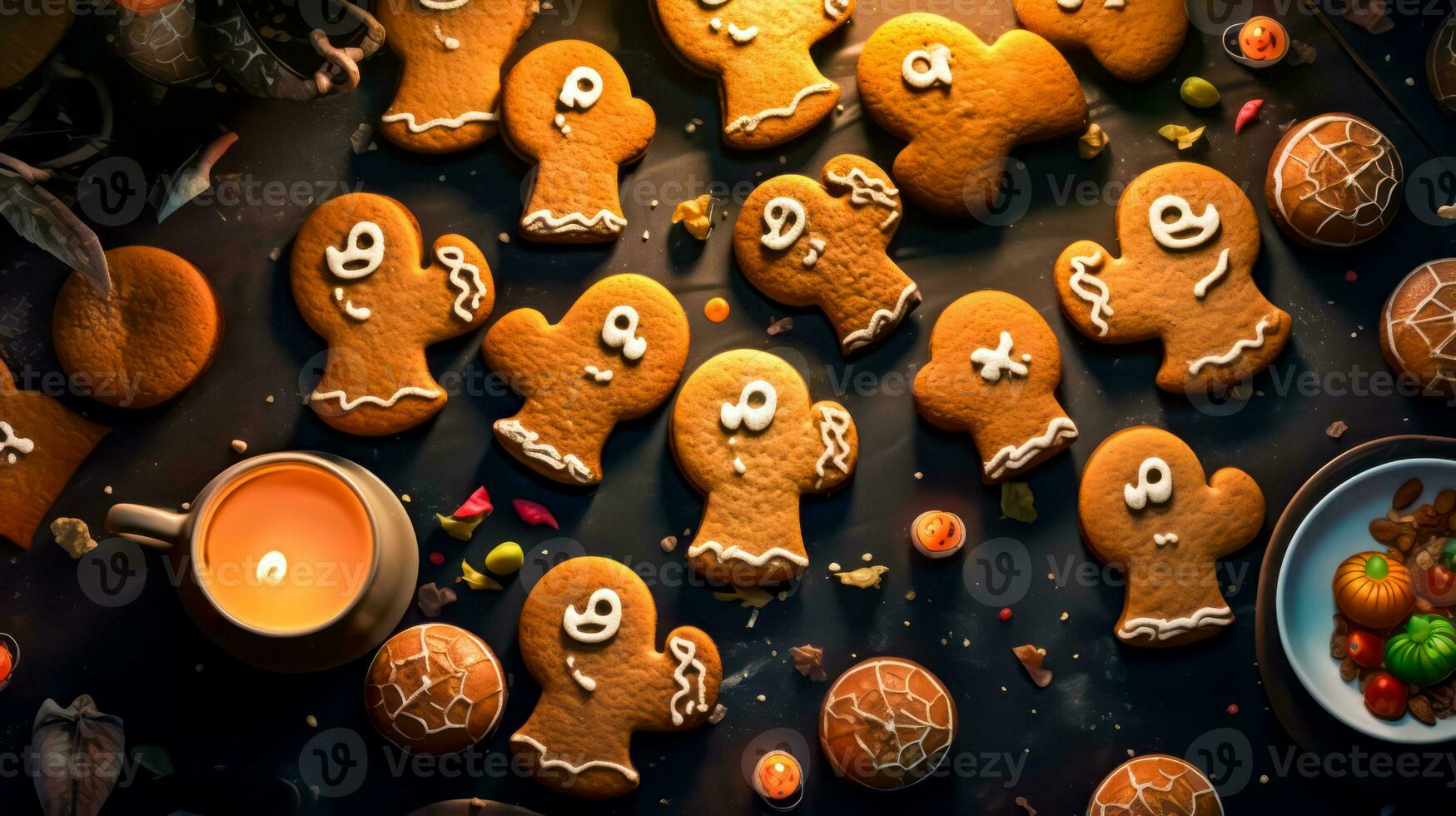 Table topped with lots of decorated ginger cookies and cup of tea. Generative AI photo