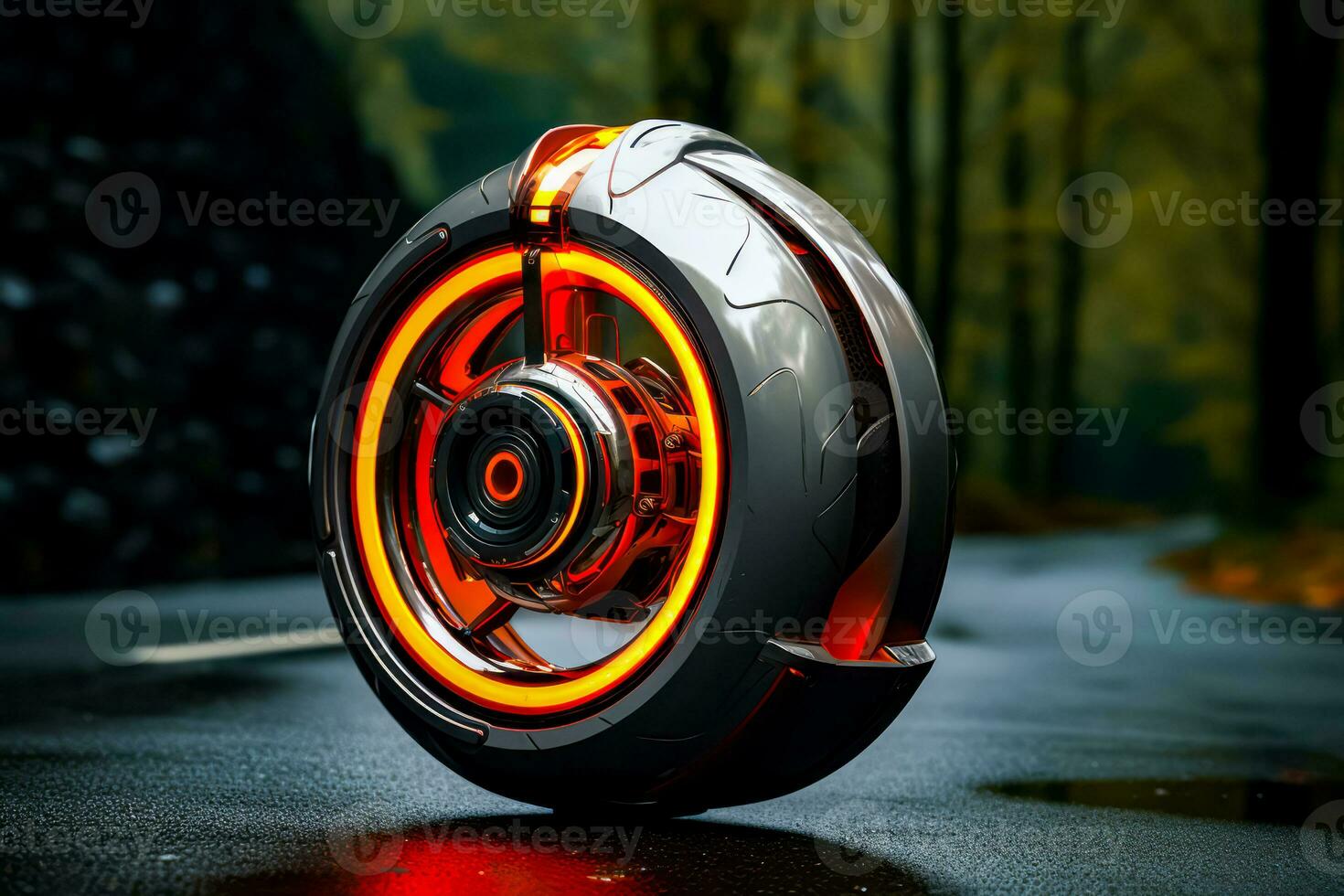 Close-up of a futuristic monowheel with red and yellow lights on it.. Generative AI photo