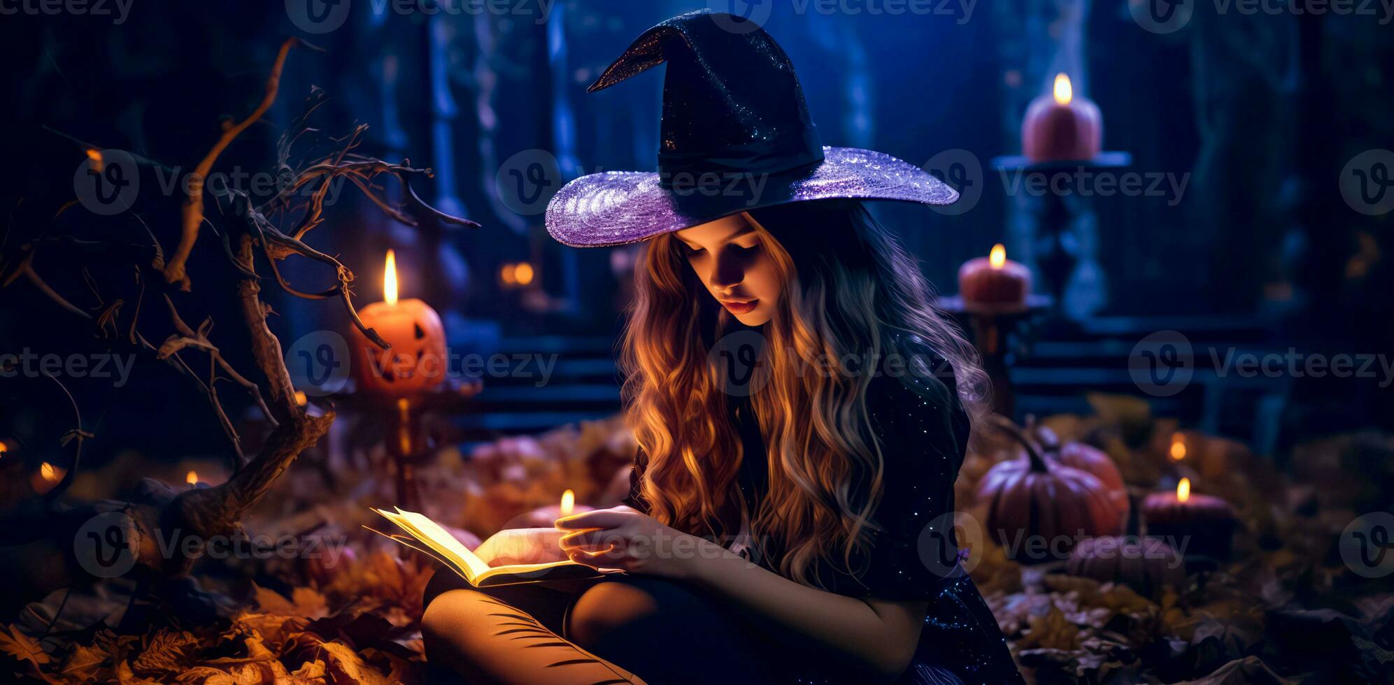 Woman in witches hat reading book in room full of pumpkins. Generative AI photo