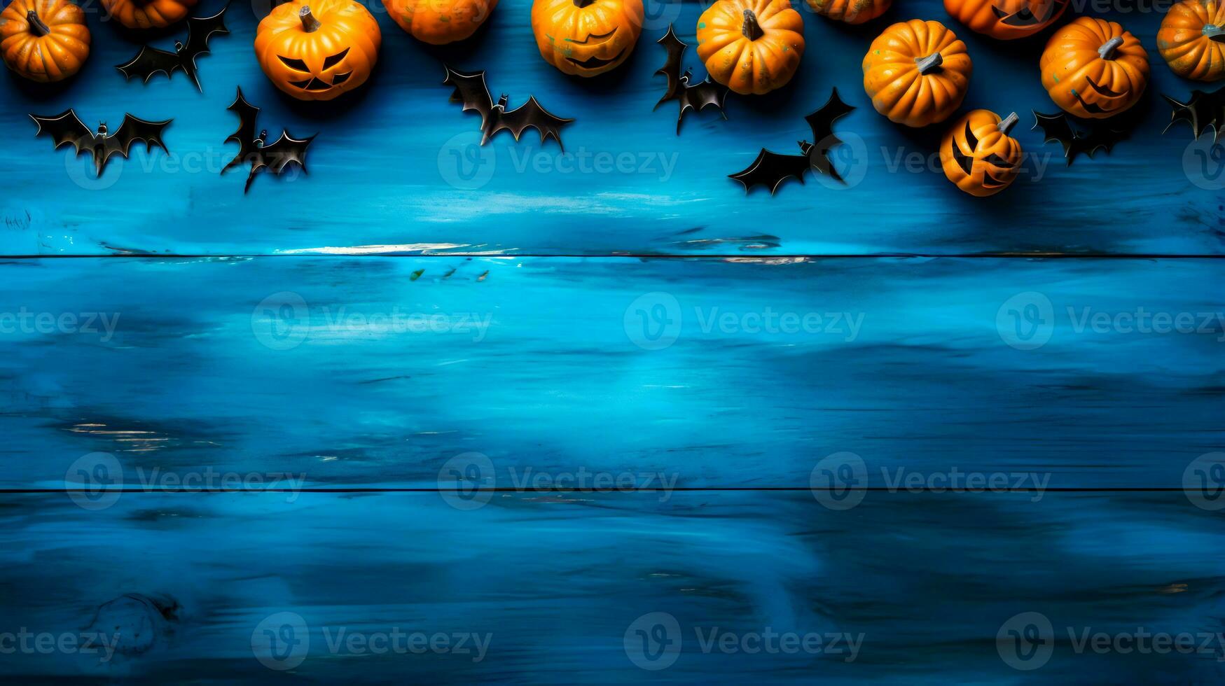 Group of pumpkins sitting on top of blue wooden table next to bats. Generative AI photo